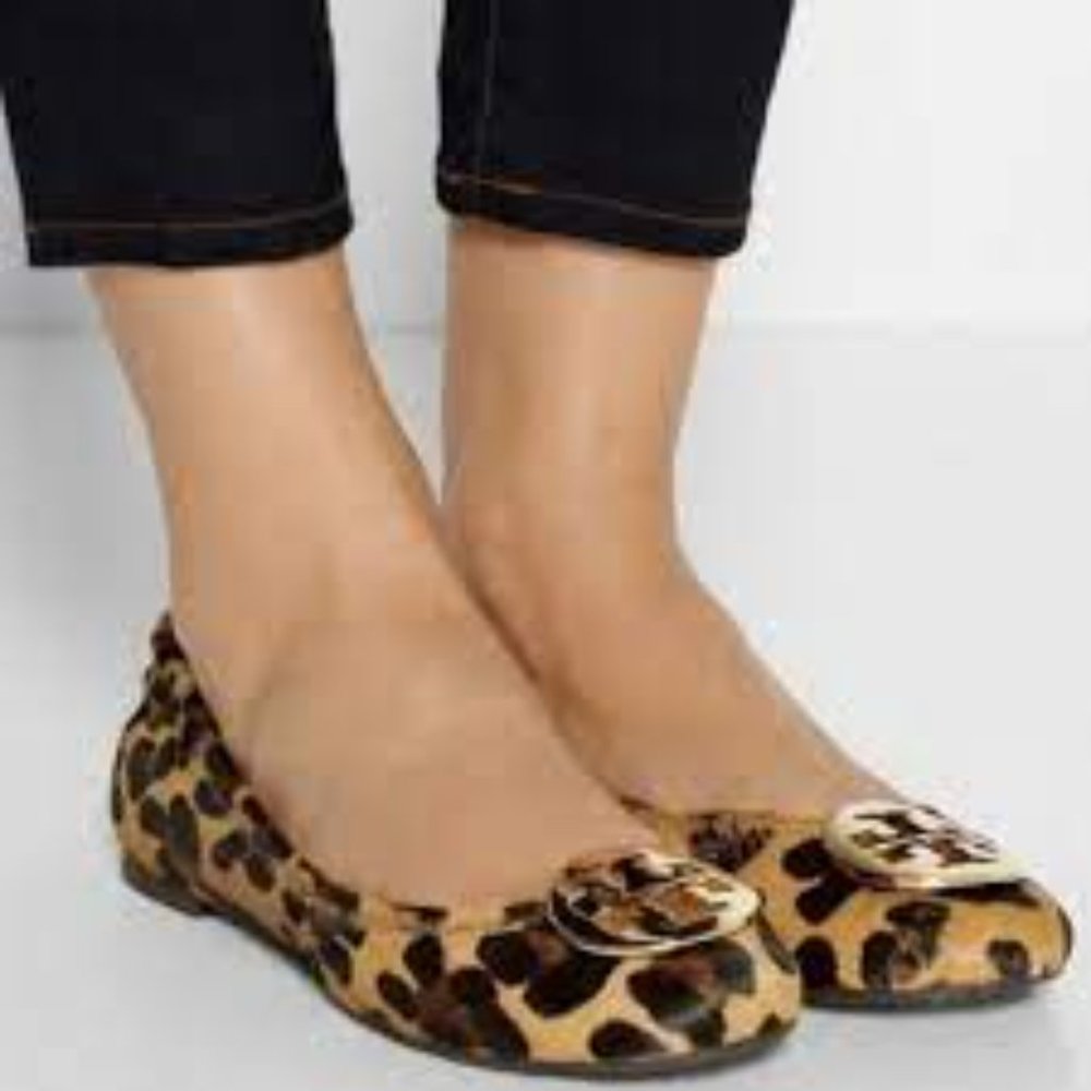 Tory Burch Calf Hair Animal Print Gold Logo Ballet Flat Size 5